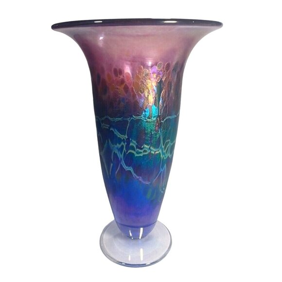 ROBERT HELD LARGE SIGNED TRUMPET CANADIAN IRIDESCENT ART GLASS ART DECO  VASE - Picture 8 of 16